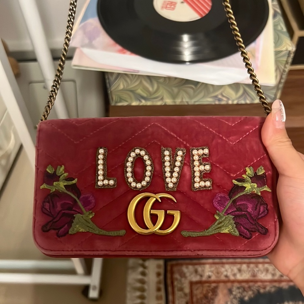 Gucci GG Marmont Chain Loved Bag Mini Pink Velvet